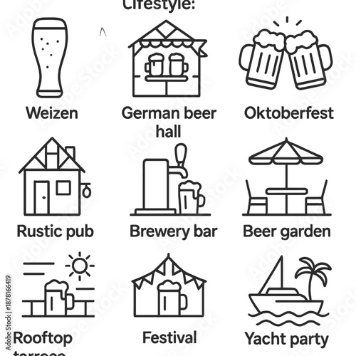 Beer themed icon set representing german lifestyle and oktoberfest celebration