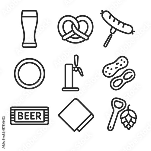 Icons of beer mug, pretzel, sausage, peanuts, and tap on gray background