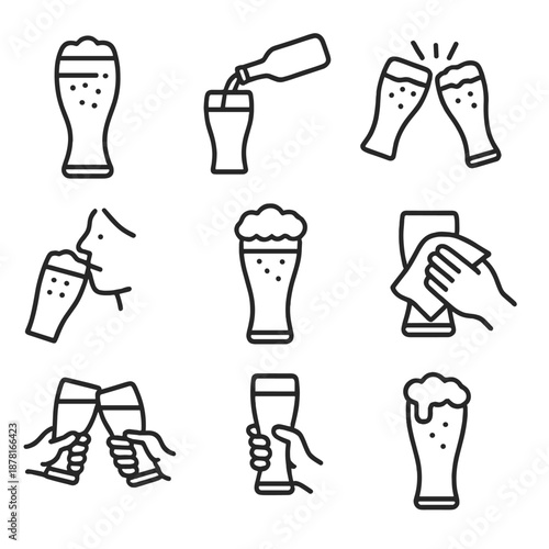 Beer icons collection: pouring, cheers, drinking, glasses, cleaning