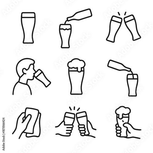 Beer icons set: glasses, cheers, pouring, drinking, foam