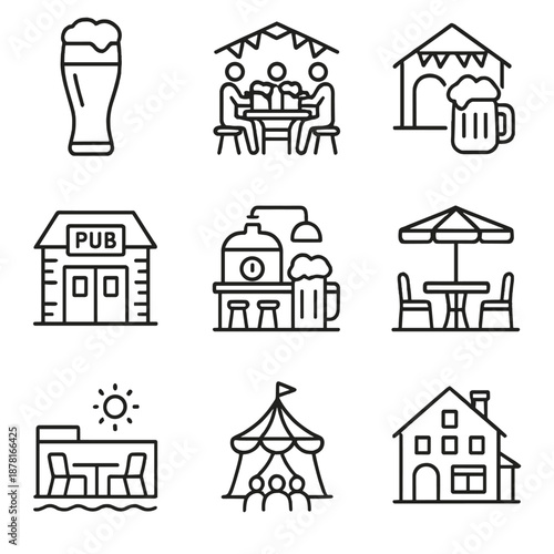 Pub and beer icons: outdoor dining, tents, and social gathering symbols