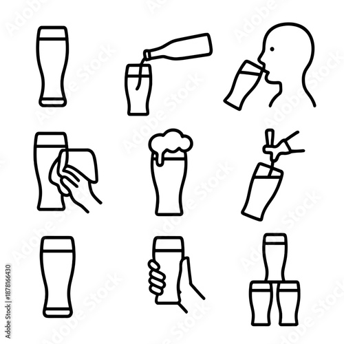 Beer icons set: glasses, pouring, drinking, foam, cheers, cleaning