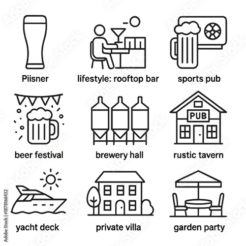 Craft beer icons: brewery, pub, and beer festival in simple line art