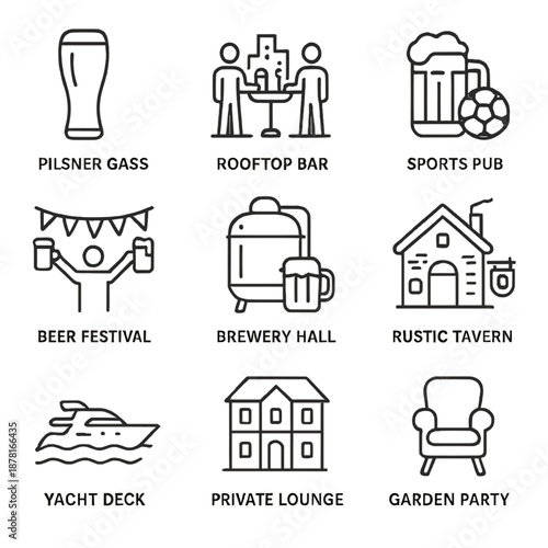 Brewery icons: pilsner, rooftop bar, sports pub, beer festival, rustic tavern