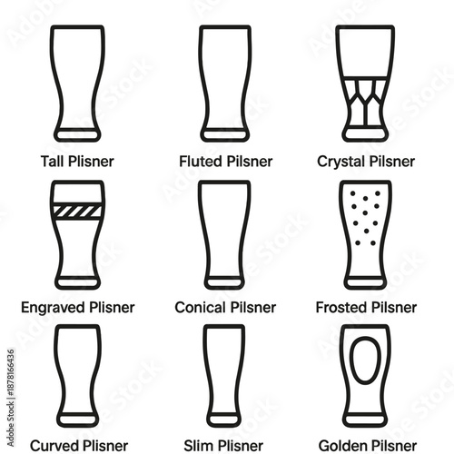Assorted beer glass types: tall, fluted, crystal, engraved, conical, frosted, curved