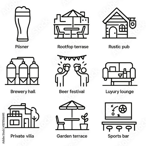 Minimalist line icons of brewery, pub, and terrace with modern design elements