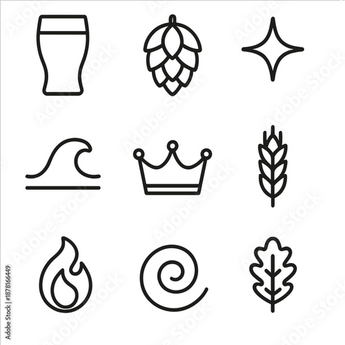 Craft beer icons: hops, crown, wave, and nature-inspired designs