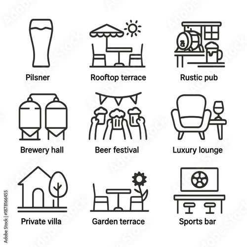 Icon collection of beer-related venues and themes for modern design projects