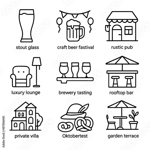 Set of beer festival icons featuring glasses, pub, and oktoberfest symbols