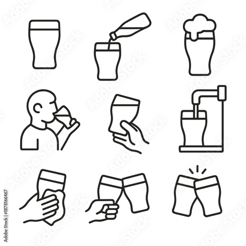 Outline icons of beer glasses and drinking gestures on gray background