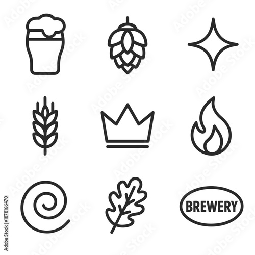 Beer icons set featuring hop, wheat, brewery, pint, and crown symbols