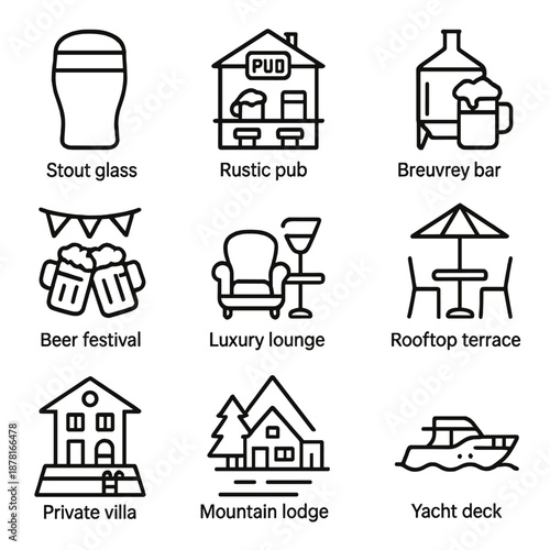 Vintage bar icons featuring pub, beer, and leisure themes