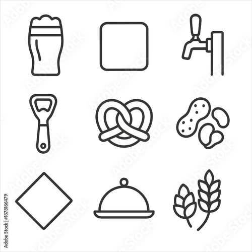Beer and snacks icons set featuring pretzel, pint, and tap illustrations