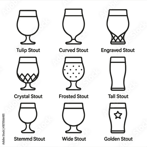 Nine unique stout glasses: from tulip to golden styles in simple black icons