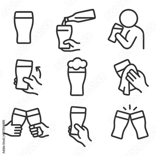 Minimalist beer icon set featuring glasses, toasting, and pouring illustrations