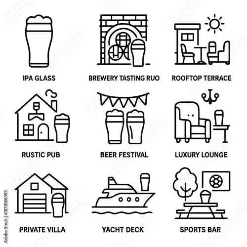 Craft beer icons set featuring ipa glass, brewery tasting room, and rooftop terrace