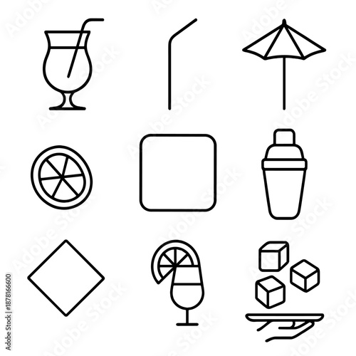 Minimalist cocktail icons set featuring drinks, glass, umbrella, and shaker