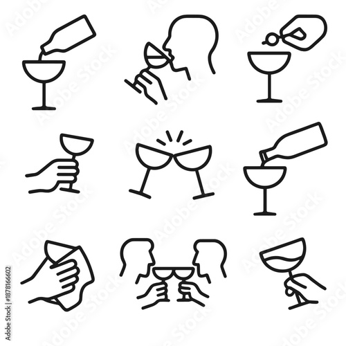 Minimalist line art of wine tasting and toasting icons on gradient background