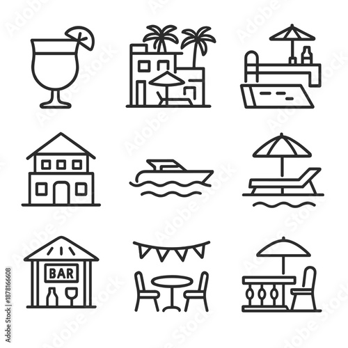 Vacation icons: beach, resort, and relaxation themed vector illustrations