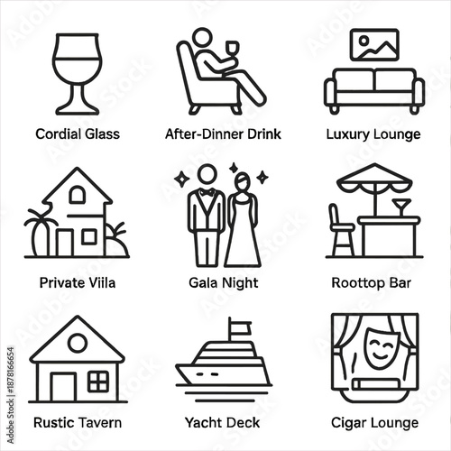 Elegant icons for upscale lounges, dining, and leisure activities
