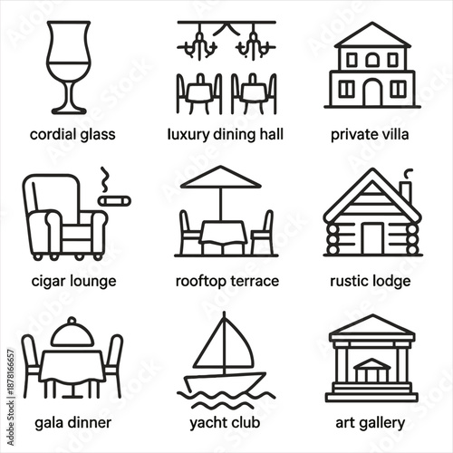 Icon collection of elegant dining, living, and lifestyle symbols