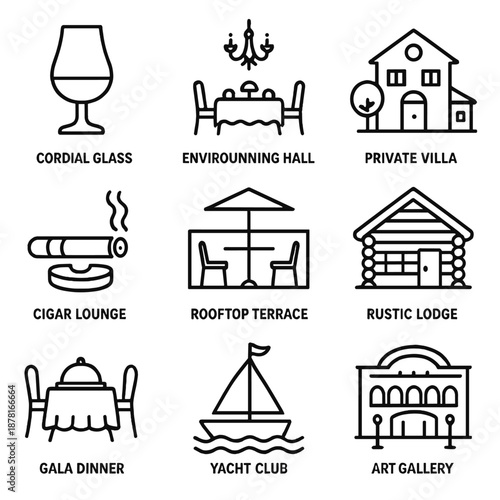 Elegant dining icons: wine, cigar, villa, yacht, terrace, art, and lodge
