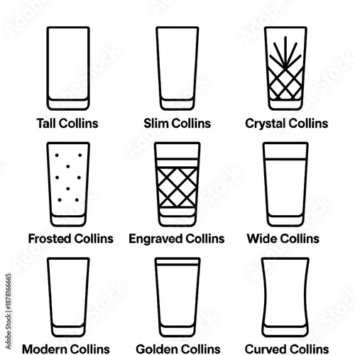 Variety of collins glass designs: tall, slim, crystal, frosted, engraved, wide