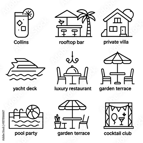 Summer vacation icons set featuring drink, bar, villa, yacht, and dining symbols