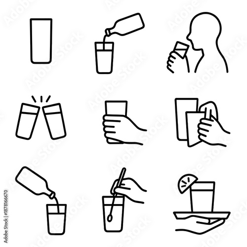 Minimalist beverage icons: glass, pouring, drinking, toasting, stirring, serving