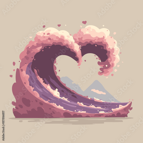 Heart shaped ocean wave landscape symbolizing love, harmony, and emotional balance in dreamy pastel style