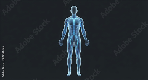 Transparent human figure with glowing anatomical features on dark background
