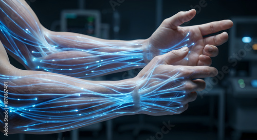 futuristic human arms with glowing blue energy lines for bioengineering and technology
