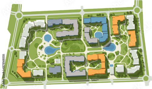 Contemporary Urban Development Plan Showcasing Modern Buildings Green Park Areas Ponds and Road Networks