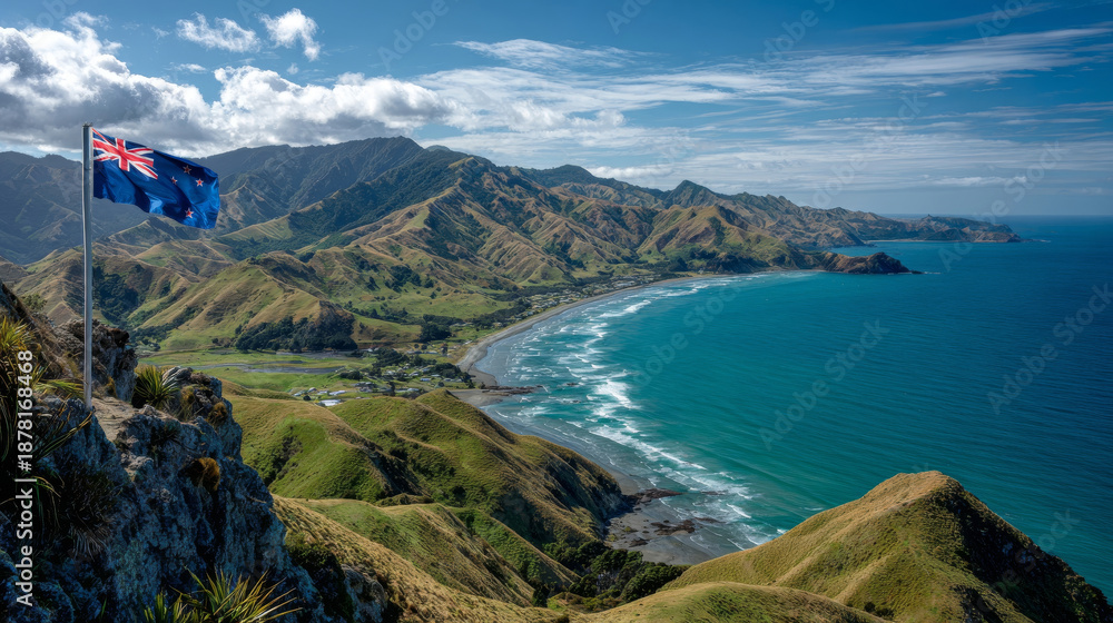 Obraz premium The New Zealand flag stands tall on a pole above the ocean waves. Mountains rise sharply in the background. Bright daylight shines on the clear blue water and rocky shore.