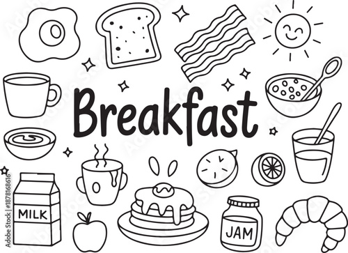 breakfast handdrawn sketch cereal bowl mug juice jam