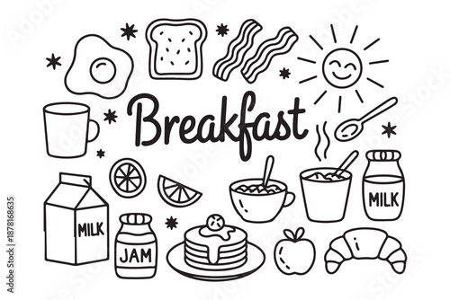 breakfast lineart icons egg toast coffee pancake milk