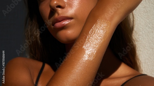 Woman applying luxurious body moisturizer for smooth skin