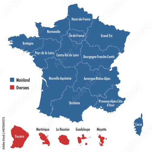 France Regions Map with Mainland and Overseas Administrative Divisions
