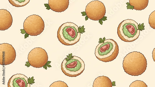 Seamless Pattern of Crispy Italian Arancini Rice Balls with Tomato and Pea Filling Illustration
