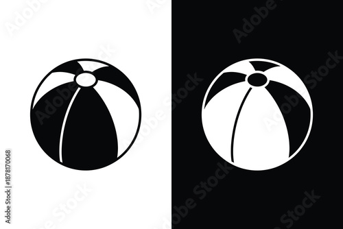 Beach ball vector icon, Flat inflatable summer toy illustration in black and white