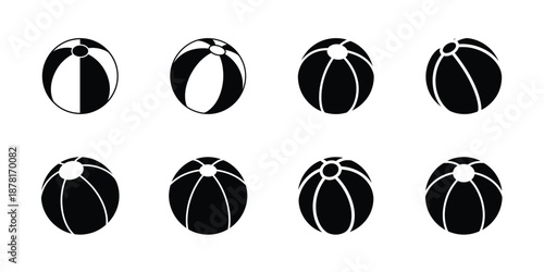 Black and white beach ball silhouettes icons collection