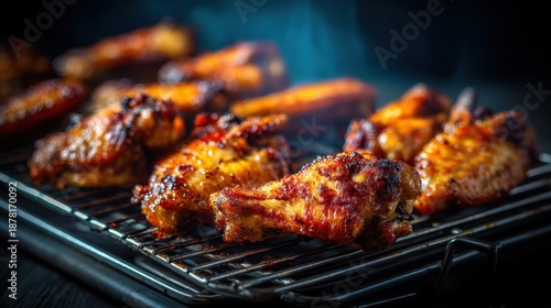 Wallpaper Mural Grilled barbecue chicken wings on smoky charcoal grill surface. Torontodigital.ca