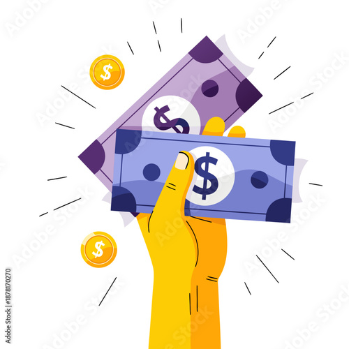 Hand holding cash money with dollar signs and coins