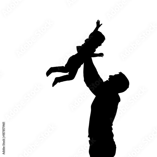 Silhouette of a father playfully tossing his child in the air.