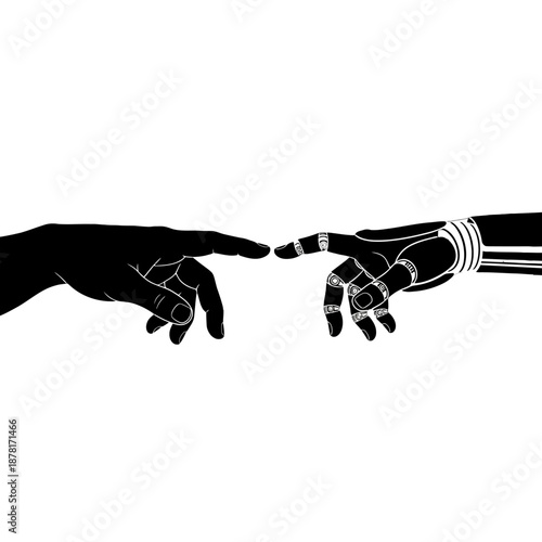 Illustration of human and robotic hands reaching out to touch.