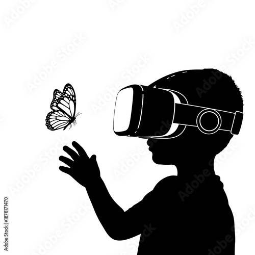 Young boy wearing virtual reality headset interacting with a butterfly.
