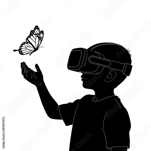A child wearing virtual reality headset interacts with a butterfly.