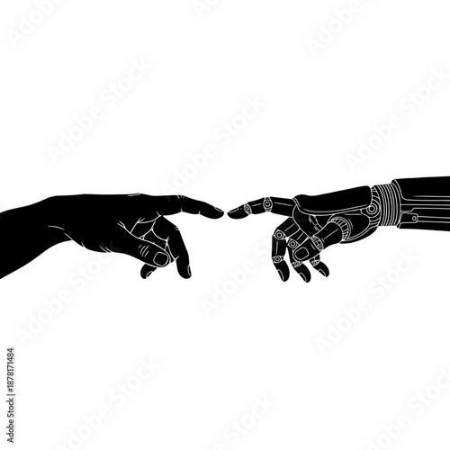 Human and Robot Hands Reaching Out to Touch Fingers Together.