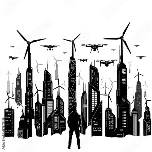 Man standing in front of futuristic cityscape with wind turbines and drones.