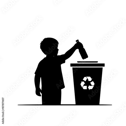 Child Silhouette Disposing Plastic Bottle in Recycling Bin.